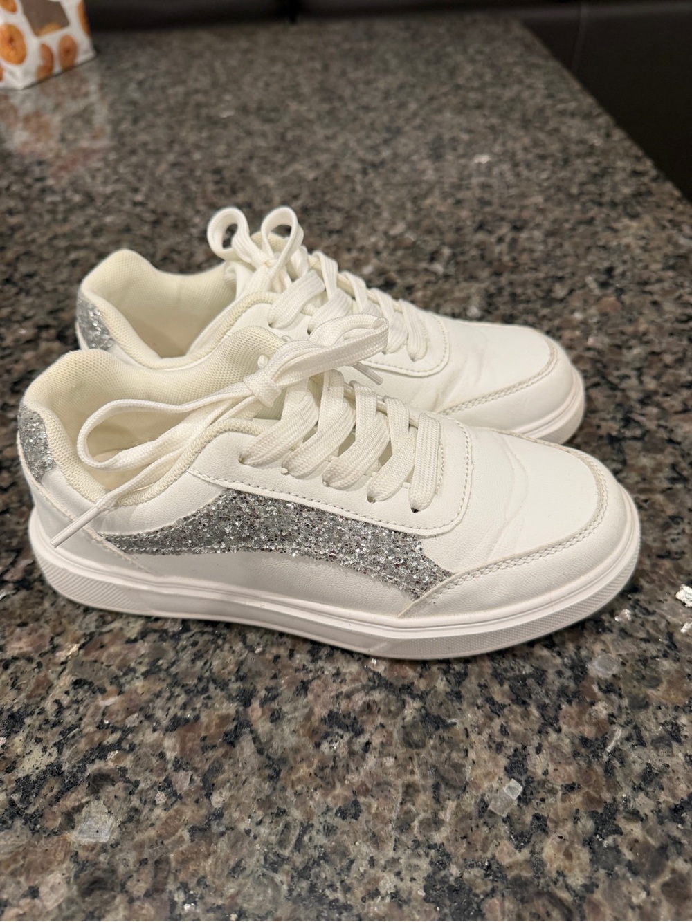 White Sneakers with Silver Glitter Accent